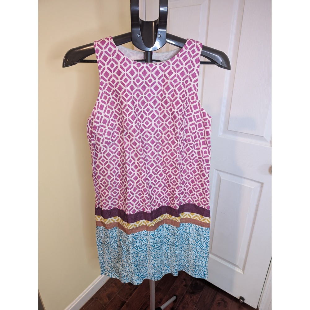 Ann Taylor LOFT Linen Shift Dress Pink Blue Geometric Lined - Size 4
